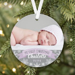 First Christmas Lavender Purple Baby Girl Photo Ornament<br><div class="desc">"My First Christmas" banner and snowflake border photo ornament design can be personalized with the baby girl's name and birth year. Includes a second photo on the back. Light lavender purple,  gray and white colors.</div>