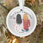 First Christmas lesbian couple PHOTO romantic Ornament<br><div class="desc">Celebrate your first Christmas together with this adorable illustration of a black hair and strawberry blonde couple with long and shoulder length hair sitting with their backs to you wearing ugly Xmas sweaters and drinking hot chocolate. The words, our first Christmas followed by the year, appear on the front and...</div>