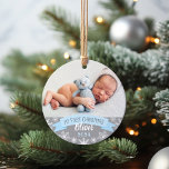 First Christmas Light Blue Baby Boy Photo Ornament<br><div class="desc">"My First Christmas" banner and snowflake border photo ornament design can be personalized with the baby boy's name and birth year. Includes a second photo on the back. Light blue,  grey and white colours.</div>