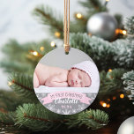 First Christmas Light Pink Baby Girl Photo Ornament<br><div class="desc">"My First Christmas" banner and snowflake border photo ornament design can be personalized with the baby girl's name and birth year. Includes a second photo on the back. Light pink,  grey and white colours.</div>