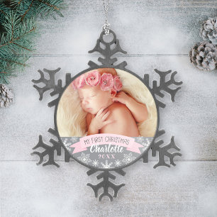 First Christmas Light Pink Baby Girl Photo Snowflake Pewter Christmas Ornament