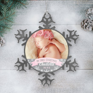 First Christmas Light Pink Baby Girl Photo Snowflake Pewter Christmas Ornament