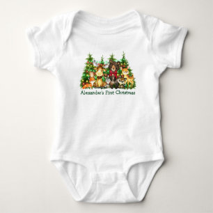 First Christmas Lights Bow Woodland Forest Animals Baby Bodysuit