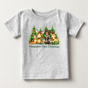 First Christmas Lights Forest Animals Grey Baby T-Shirt