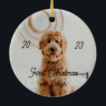 first christmas littke snowman ceramic ornament<br><div class="desc">firstnchristmas with our dog with persinalizable name and photo and the little snowman and the chocolate cookie</div>