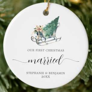 First Christmas Marrie Wedding Sleigh Tree Elegant Ceramic Ornament