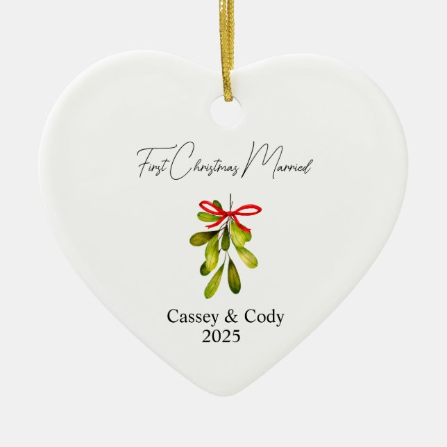 First Christmas Married 2025, with name & date Ceramic Ornament (Front)