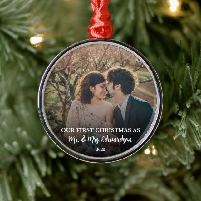 First Christmas married as Mr. and Mrs. photo Metal Ornament (Tree)