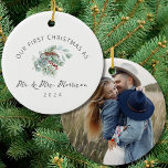 First Christmas Married as Mr. & Mrs. Photo Ceramic Ornament<br><div class="desc">Celebrate your first Christmas as newlyweds with this charming photo ceramic ornament, commemorating the special milestone. Personalize it with a favourite wedding or couple's photo, beautifully framed in a timeless "First Christmas Married as Mr. & Mrs." design. Crafted for durability, this keepsake ornament is perfect for the holiday season and...</div>