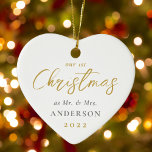 First Christmas Married as Mr. Mrs. Wedding Photo Ceramic Ornament<br><div class="desc">Custom-designed heart-shaped ceramic Christmas ornament featuring modern gold calligraphy "Our 1st Christmas" design. Personalize with wedding photo,  name,  and date.</div>