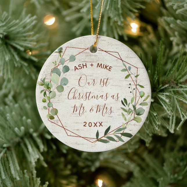 First Christmas Married Birch Eucalyptus Photo Ceramic Ornament (Tree)