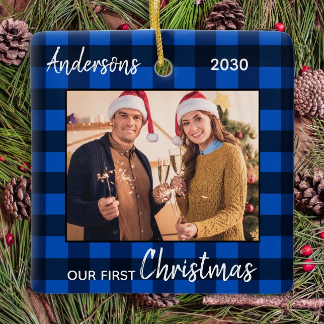 First Christmas Married Blue Plaid Couple Photo Ceramic Ornament (Creator Uploaded)
