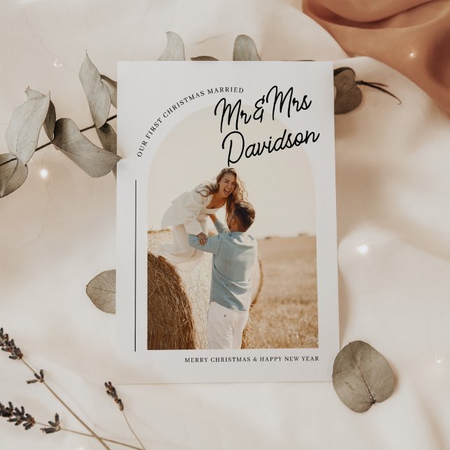 First Christmas Married Boho Arch Photo Holiday Card (Creator Uploaded)