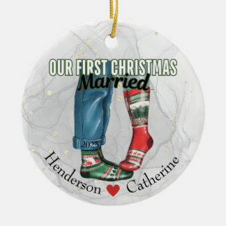 First Christmas Married Couple in Socks Ceramic Ornament