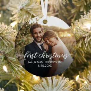 First Christmas Married Custom wedding Photo Metal Ornament