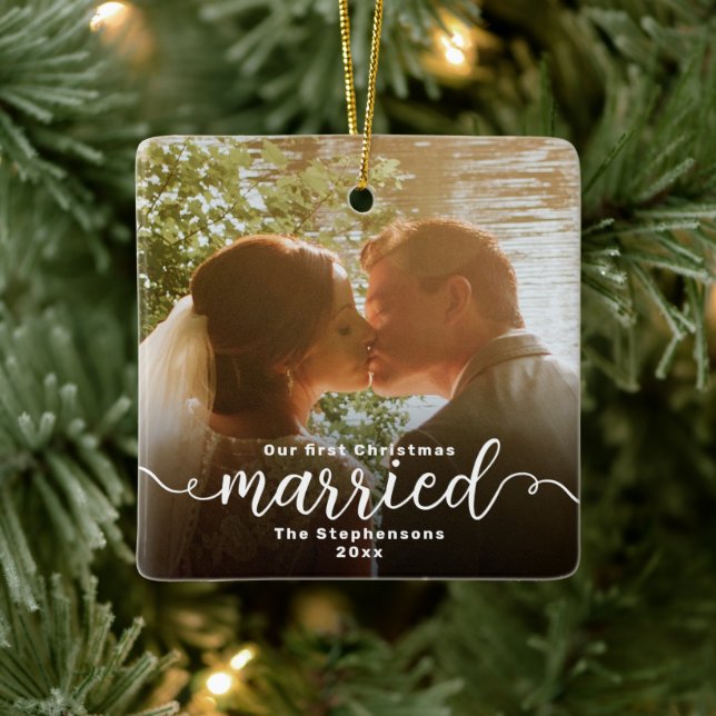 First Christmas Married Double Sided Photo Ceramic Ornament (Tree)