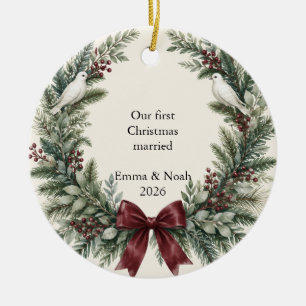 First Christmas Married Doves and Burgundy Bow Ceramic Ornament