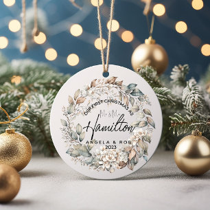 First Christmas Married Floral Leaf Wreath  Ceramic Ornament