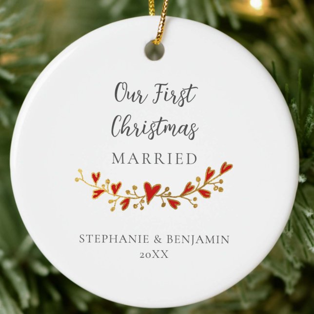 First Christmas Married Gold Red Hearts Photo Ceramic Ornament (first christmas married newlywed couple mr mrs keepsake ornament gold hearts garland elegant red )