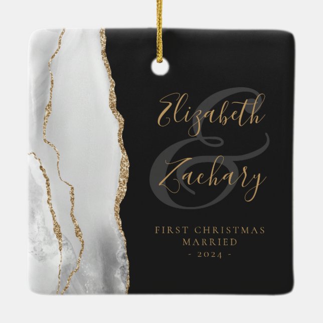 First Christmas Married Grey Agate Gold Script Ceramic Ornament (Back)