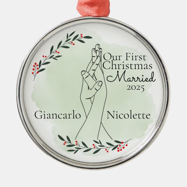 First Christmas Married Interlocking Hands Metal Ornament (Front)