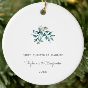 First Christmas Married Mistletoe Keepsake Photo Ceramic Ornament