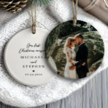 First Christmas Married Modern Minimalist Photo Ceramic Ornament<br><div class="desc">Personalized “Our First Christmas Married” ornament with photo is a romantic keepsake perfect for newlyweds commemorating their first holiday season together. The front features elegant black typography with modern script and classic serif fonts on a clean white background, enhanced by a small black heart for a touch of warmth and...</div>