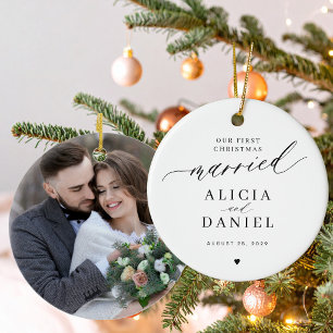 First Christmas married modern photo Ceramic Ornament
