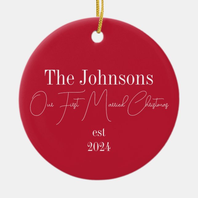 First Christmas Married Modern Typography Ceramic Ornament (Front)