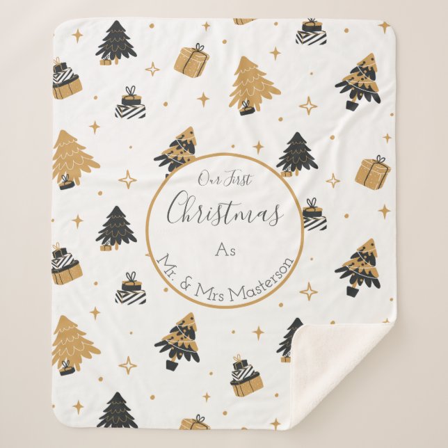 First Christmas Married Mr and Mrs Custom Sherpa Blanket (Front)