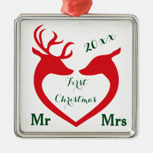 First Christmas Married Mr and Mrs Heart Deer Metal Ornament