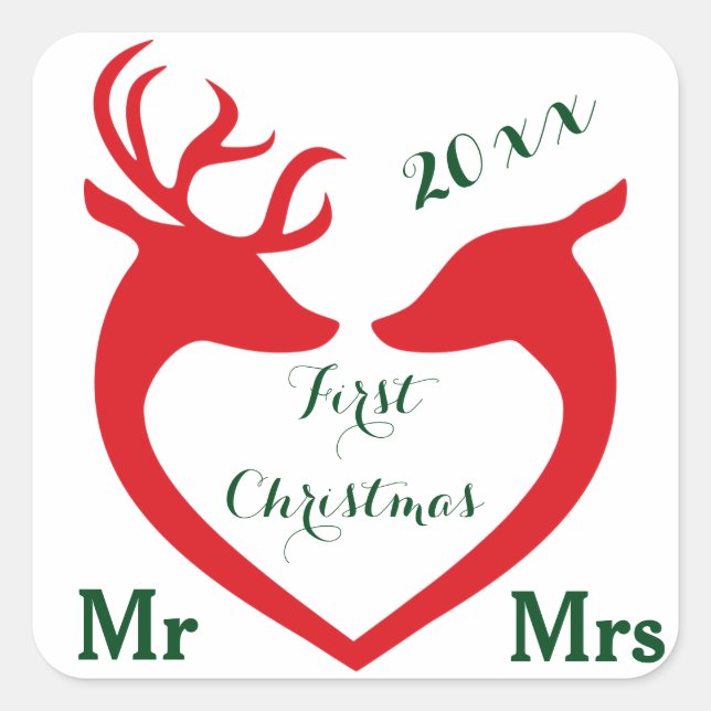 First Christmas Married Mr and Mrs Heart Deer Square Sticker (Front)