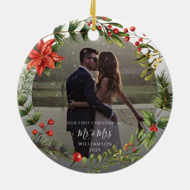 First Christmas Married Mr and Mrs Photo Botanical Ceramic Ornament (Back)