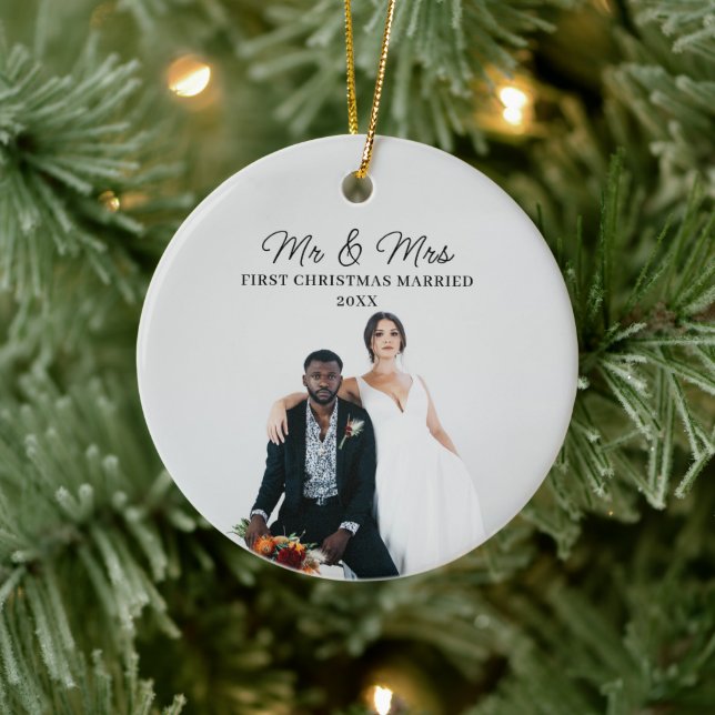 First Christmas Married Mr And Mrs Photo  Ceramic Ornament (Tree)