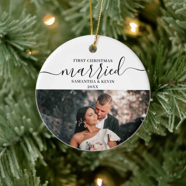 First Christmas Married Mr Mrs Couple Names Photo  Ceramic Ornament (Tree)