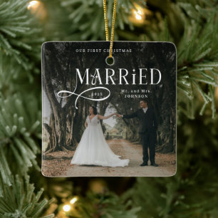 First Christmas Married Mr & Mrs Couples Photo Ceramic Ornament