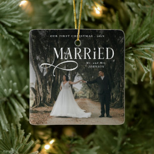 First Christmas Married Mr & Mrs Couples Photo Ceramic Ornament