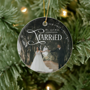 First Christmas Married Mr & Mrs Couples Photo Ceramic Ornament