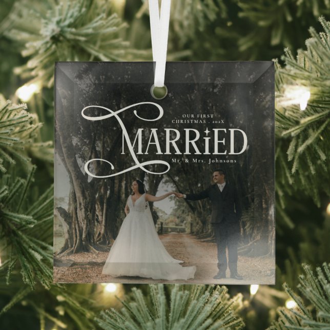 First Christmas Married Mr & Mrs Couples Photo  Glass Ornament (Insitu)