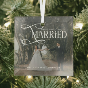 First Christmas Married Mr & Mrs Couples Photo Glass Ornament