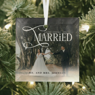 First Christmas Married Mr & Mrs Couples Photo Glass Ornament