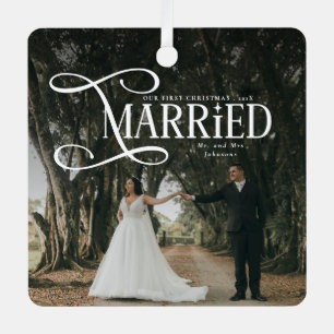 First Christmas Married Mr & Mrs Couples Photo Metal Ornament