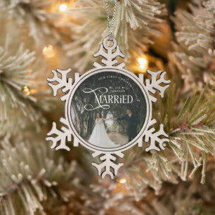 First Christmas Married Mr & Mrs Couples Photo Snowflake Pewter Christmas Ornament