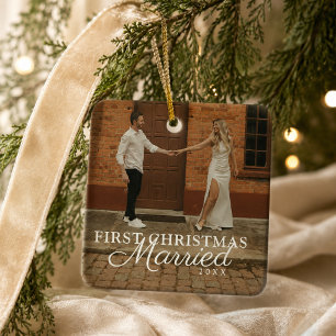 First Christmas Married Newlywed Wedding Photo Ceramic Ornament