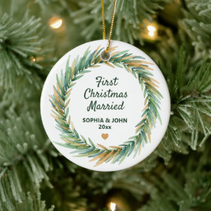 First Christmas Married Newlyweds Elegant Wreath Ceramic Ornament