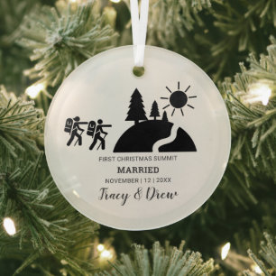 First Christmas Married Outdoorsy Mountain Hiking Glass Ornament