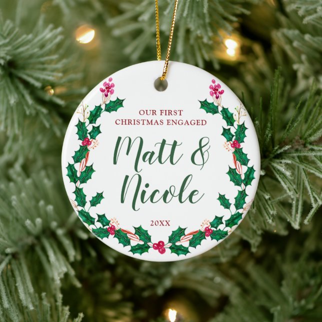 First Christmas Married Personalized Holly Wreath Ceramic Ornament (Tree)