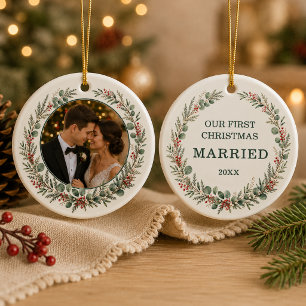 First Christmas Married Personalized Photo Ceramic Ornament