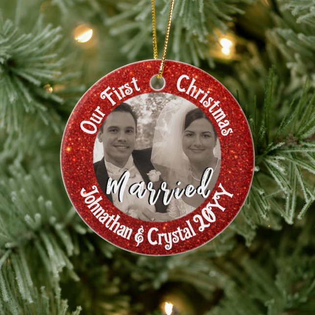 First Christmas Married Personalized Red Glitter Ceramic Ornament (Tree)