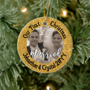 First Christmas Married Personalized Red Glitter Ceramic Ornament